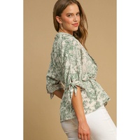 Green Landscape Print Tied 3/4 Sleeve Shirt with Sash - L thumbnail