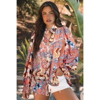 Orange Floral Print Shirred Cuff Buttoned Loose Shirt - L thumbnail
