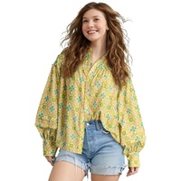 Green Boho Floral Print Frilly Detail Puff Sleeve Shirt - S thumbnail