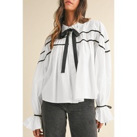 White Black Pipping Ribbon Bowtie Collared Ruffled Puff Sleeve Shirt - M thumbnail