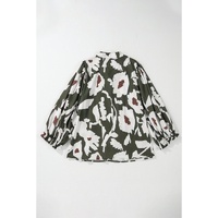 Four Leaf Clover Abstract Floral Print Puff Sleeve Half Button Blouse - L thumbnail