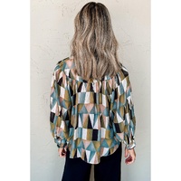 Green Geometric Print Buttoned Balloon Sleeve Loose Fit Shirt - L thumbnail