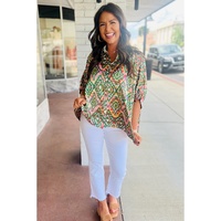 Dark Green Abstract Print Half Sleeve Button up Loose Shirt - L thumbnail