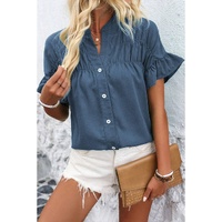 Real Teal Solid Color Ruffle Ruched Short Sleeve Buttoned Shirt - L thumbnail