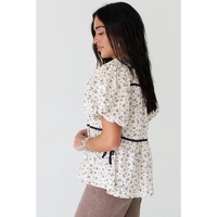 White Contrast Trim Floral Puff Short Sleeve Shirt - L thumbnail
