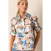 Multicolour Floral Print Ricrac Trim Collared Puff Short Sleeve Shirt - M thumbnail