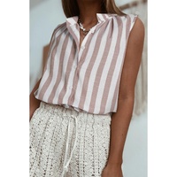Khaki Stripe Casual Button Down Sleeveless Shirt - L thumbnail