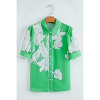 Green Floral Ric Rac Edge Puff Sleeve Button Up Summer Shirt - M thumbnail