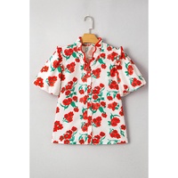 Red Floral Print Ruffled Puff Sleeve Elegant Summer Shirt - S thumbnail