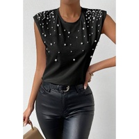 Black Pearls Beaded Shoulder Pad Crew Neck Tank Top - L thumbnail