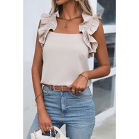 Oatmeal Solid Ruffle Trim Sleeveless Top - L thumbnail