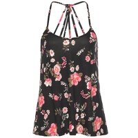 Black Floral Spaghetti Straps Strappy Back Tank Top - L thumbnail