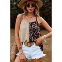 Khaki Leopard Contrast Patchwork Spaghetti Strap Tank Top - L thumbnail