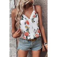 White Floral Print Lace V Neck Tank Top - L thumbnail