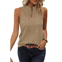 Light French Beige Lattice Textured Split Neck Tank Top - L thumbnail