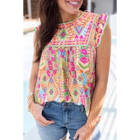 Orange Geometric Print Ruffled Trim Tank Top - M thumbnail