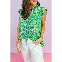 Green Abstract Print Ruffled Trim Tied Split Neck Tank Top - L thumbnail