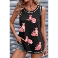 Black Sequin Cheetah Round Neck Stitching Loose Tank Top - S thumbnail