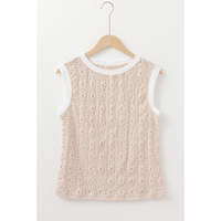 Oatmeal Floral Textured Crew Neck Tank Top - L thumbnail