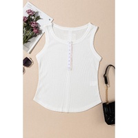 White Solid Color Waffle Knit Half Buttons Tank Top - M thumbnail