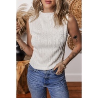 White Solid Color Wavy Textured Round Neck Tank Top - M thumbnail