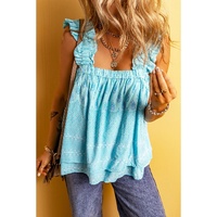 Sky Blue Tribal Pattern Print Ruffled Wide Straps Loose Tank Top - L thumbnail