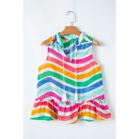 Rose Red Rainbow Stripes Ruffled Hem Drawstring V Neck Tank Top - L thumbnail