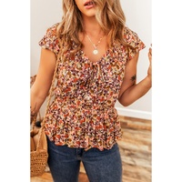 Red Floral Print Knot V Neck Ruffled Sleeve Blouse - XL thumbnail