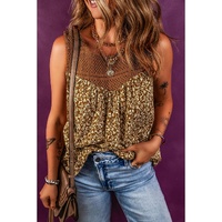 Brown Eyelet Knit Yoke Patchwork Printed Flowy Fit Tank Top - S thumbnail