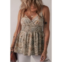 Khaki Paisley Printed Spaghetti Strap V Neck Smocked Babydoll Tank Top - L thumbnail