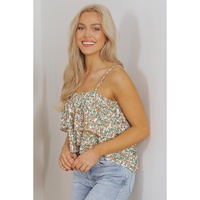 White Boho Floral Spaghetti Strap Ruffle Summer Tank Top - L thumbnail
