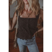 Black Floral Embroidered Buttoned Square Neck Tank Top - L thumbnail