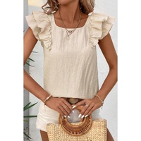 Beige Textured Bow Knot Frilled Butterfly Sleeve Blouse - L thumbnail