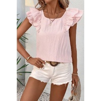 Gossamer Pink Textured Bow Knot Frilled Butterfly Sleeve Blouse - L thumbnail