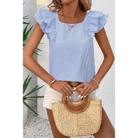 Beau Blue Textured Bow Knot Frilled Butterfly Sleeve Blouse - L thumbnail