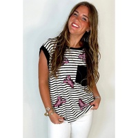 Black Stripe Sequined Lobster Patched Pocket Casual Tank Top - L thumbnail