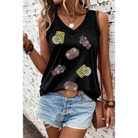 Black Sequined Crawfish Ribbed V Neckline Tank Top - M thumbnail