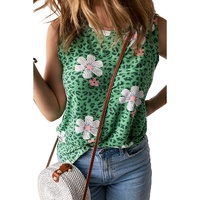 Green Crew Neck Floral Leopard Print Tank Top - M thumbnail