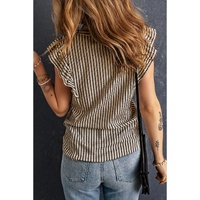 Khaki Striped Crew Neck Ruffled Tank Top - L thumbnail