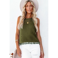 Green Tasseled Crochet Hollow-out Knit Tank - M thumbnail