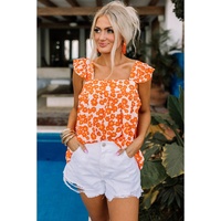 Azura Exchange Orange Floral Print Square Neck Ruffle Tank Top - M thumbnail