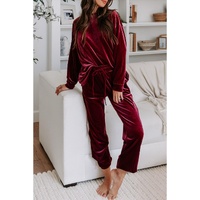 Fiery Red Solid Velvet Two Piece Lounge Set - XL thumbnail