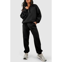 Black Plain Half Zip V Neck Ribbed Edge Loose Tracksuit - 2XL thumbnail