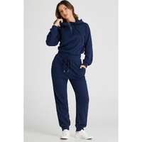 Navy Blue Ribbed Knit Cropped Hoodie and Drawstring Joggers Set - M thumbnail