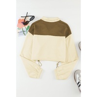 Beige Color Block Drawstring Cropped Athleisure Jacket - L thumbnail