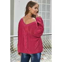 Rose Bubblegum V-Neck Braided Knit Sweater - S thumbnail