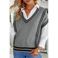Azura Exchange Gray V Neck Contrast Stripes Trims Short Sleeve Sweater - M thumbnail