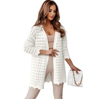 Azura Exchange White Wavy Trim Open Knit Long Sleeve Cardigan - L thumbnail