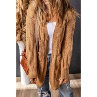 Azura Exchange Khaki Ribbed Trim Eyelet Cable Knit Cardigan - S thumbnail