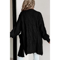 Black Ribbed Trim Eyelet Cable Knit Cardigan - L thumbnail